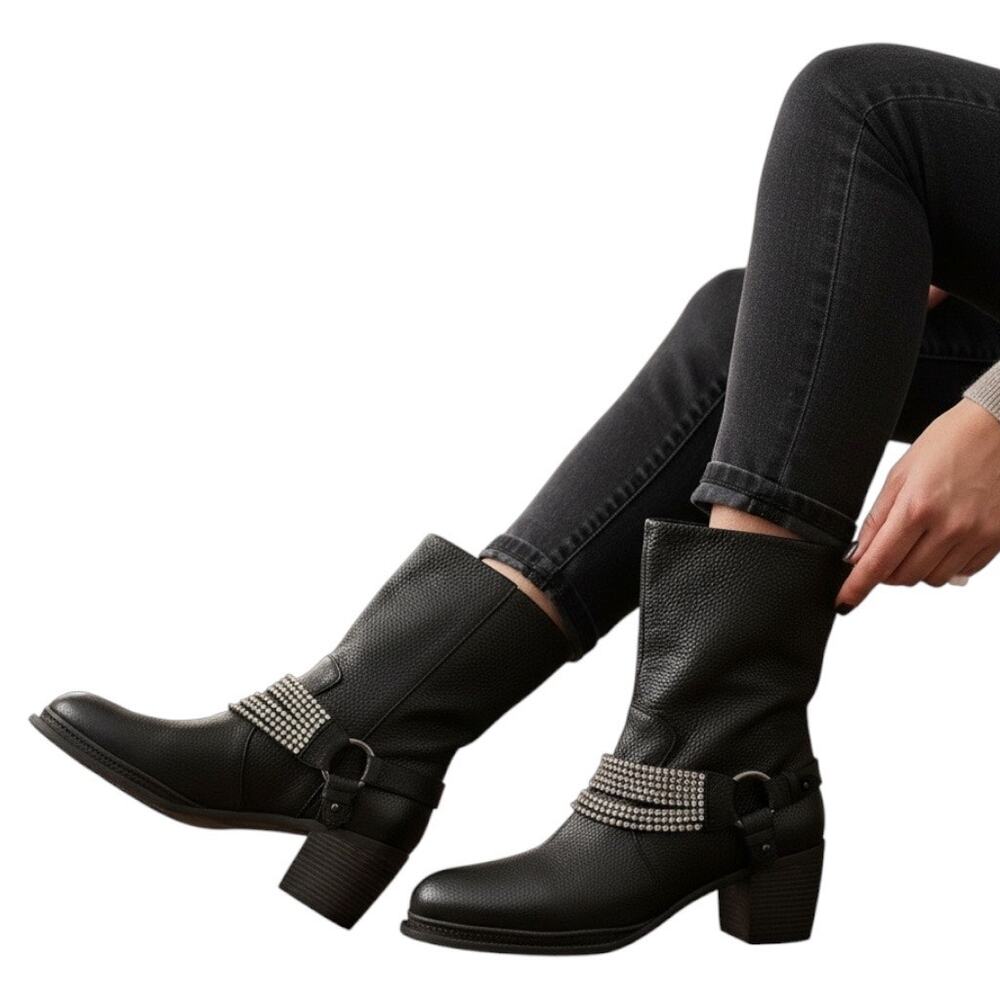 Vera Wang Natasha Biker Booties with Chain and Buckles Black Size 10M